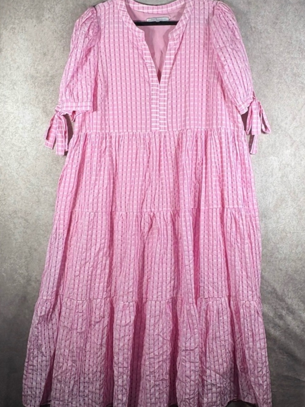 English Factory Maxi Dress Womens 2X Pink Gingham Tiered Puff Tie Sleeve Boho